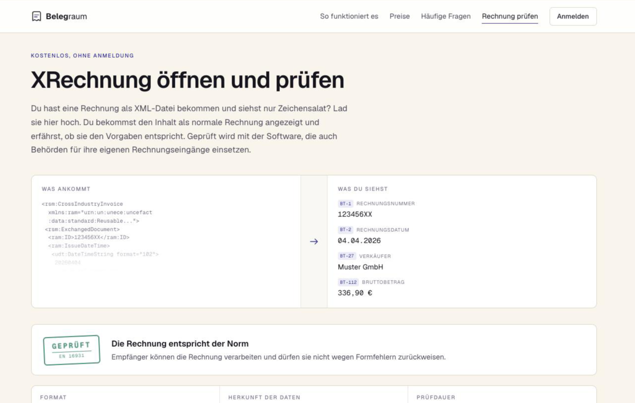 Das kostenlose Prüfwerkzeug mit Ablagefeld für eine Rechnungsdatei und der Gegenüberstellung von Rohdaten und Klartext